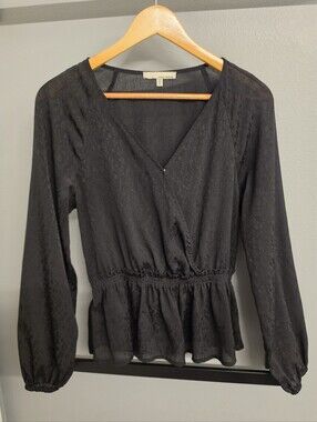 FRANCESCA'S June & Hudson Black Floral Metallic Sheer Peplum Blouse Size S